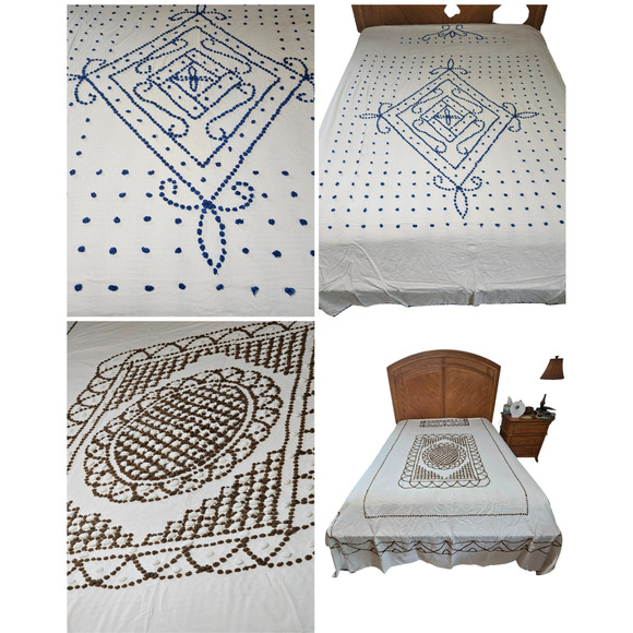 Unbranded Other - Vintage Linens Lot Of 2 Chenille Coverlet Bedspread Cottage Chic Farmhouse